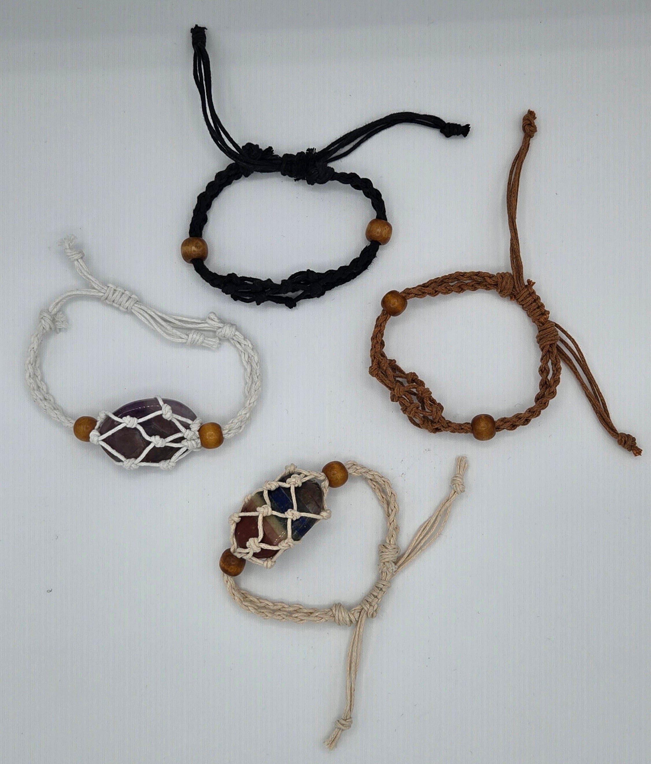 Natural Cotton Macrame Crystal Holder | Necklace & Bracelet | Adjustable | Wooden Beads