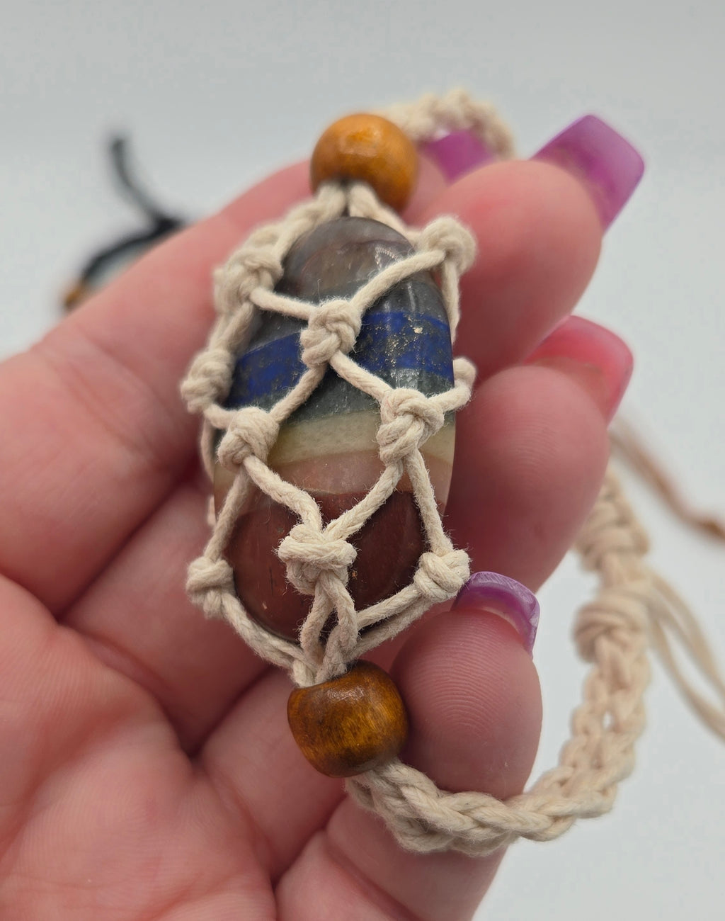 Natural Cotton Macrame Crystal Holder | Necklace & Bracelet | Adjustable | Wooden Beads