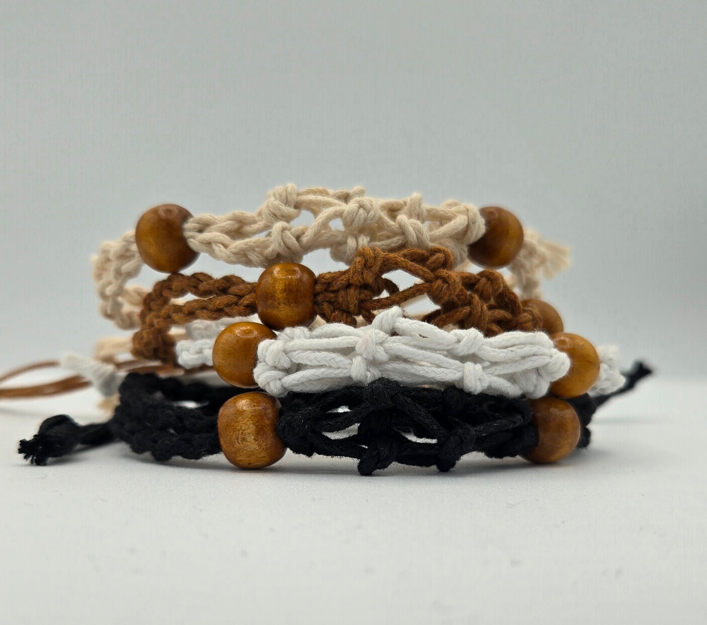 Natural Cotton Macrame Crystal Holder | Necklace & Bracelet | Adjustable | Wooden Beads