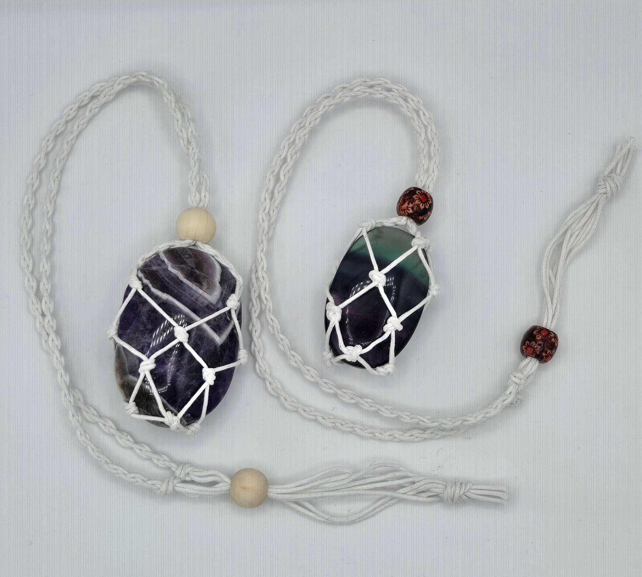 Natural Cotton Macrame Crystal Holder | Necklace & Bracelet | Adjustable | Wooden Beads
