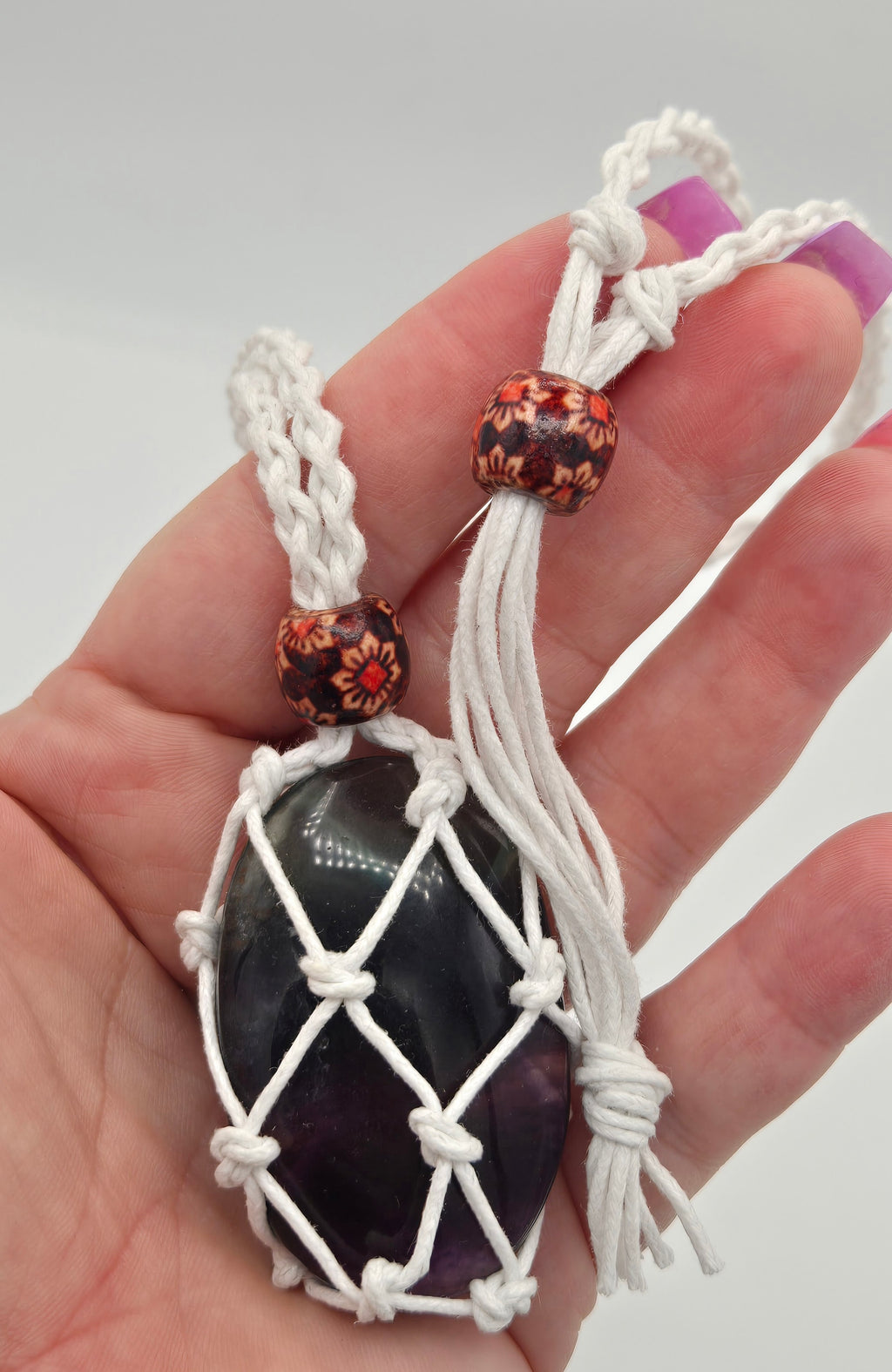 Natural Cotton Macrame Crystal Holder | Necklace & Bracelet | Adjustable | Wooden Beads