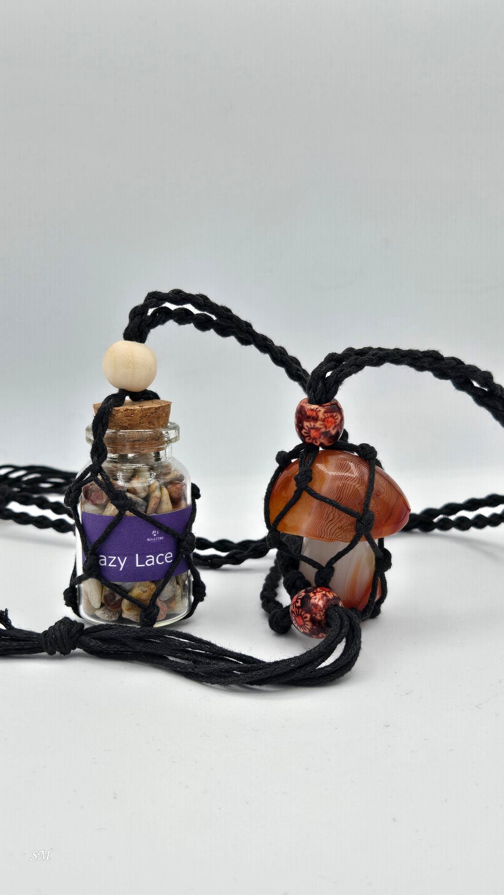 Natural Cotton Macrame Crystal Holder | Necklace & Bracelet | Adjustable | Wooden Beads