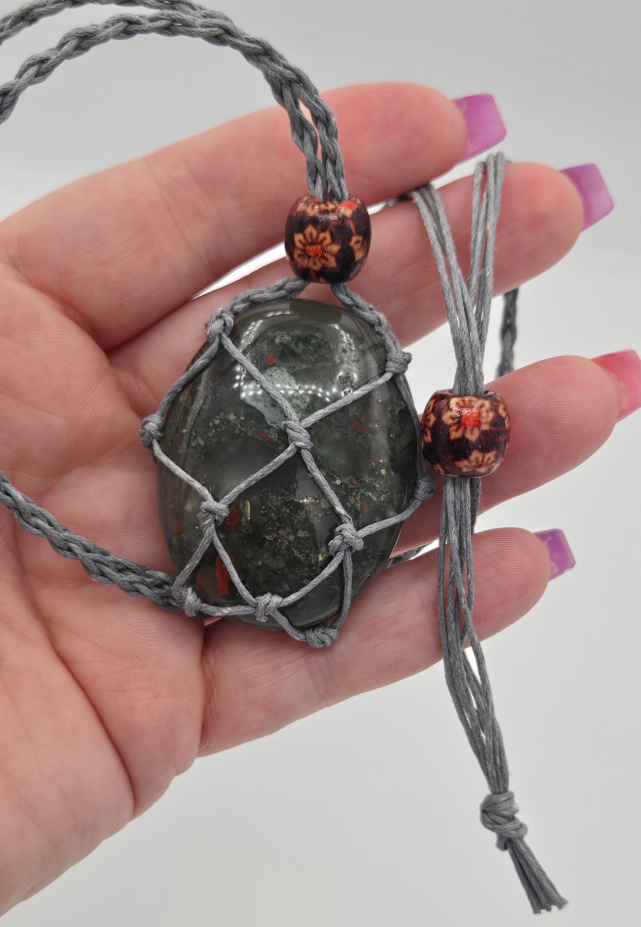 Natural Cotton Macrame Crystal Holder | Necklace & Bracelet | Adjustable | Wooden Beads