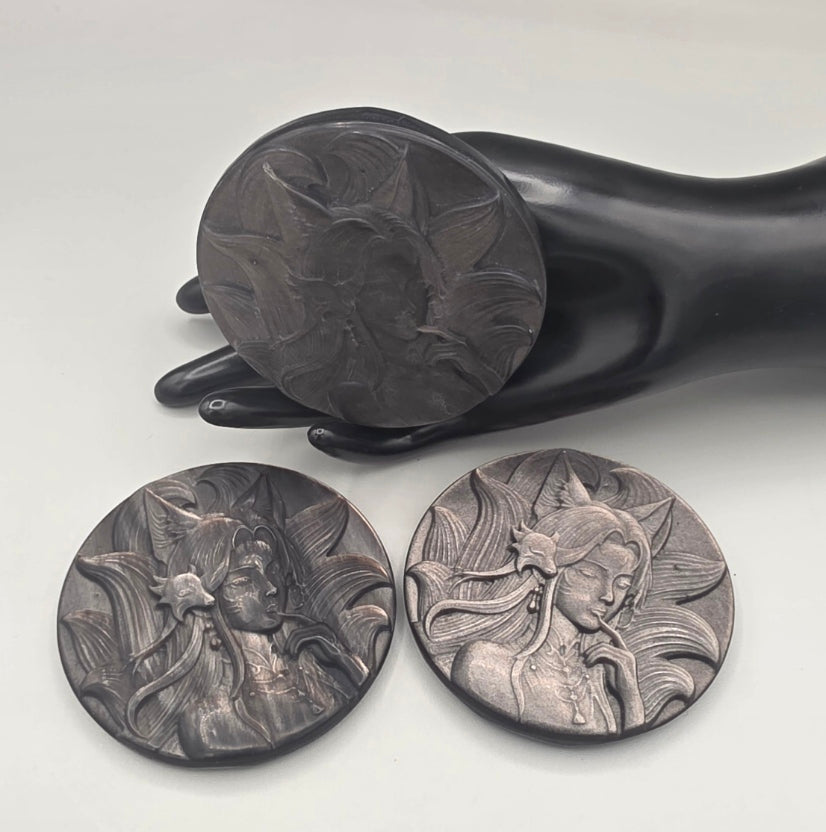 Silver Sheen Obsidian Nine-Tailed Fox Spirit Carving-Kitsune Medallion