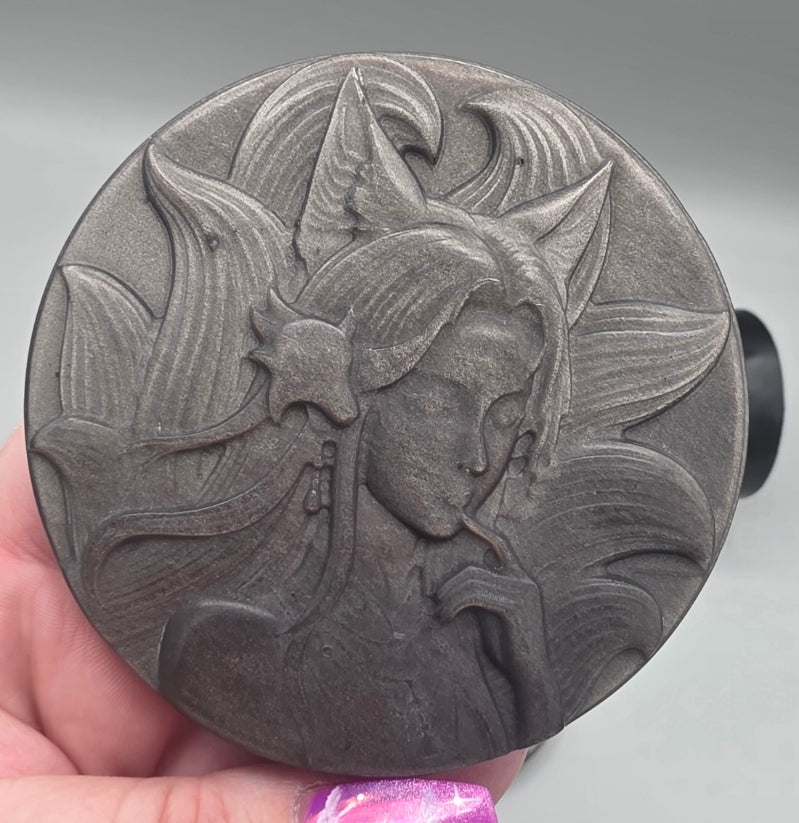 Silver Sheen Obsidian Nine-Tailed Fox Spirit Carving-Kitsune Medallion