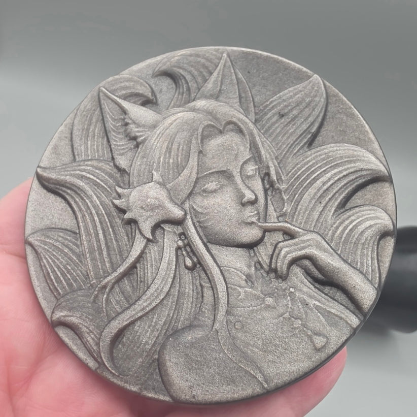 Silver Sheen Obsidian Nine-Tailed Fox Spirit Carving-Kitsune Medallion