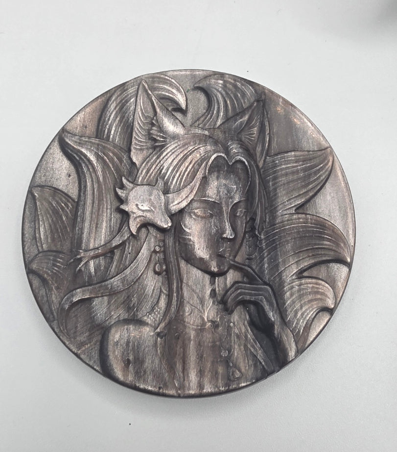 Silver Sheen Obsidian Nine-Tailed Fox Spirit Carving-Kitsune Medallion