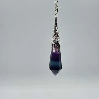 Rainbow Fluorite Pendulum | 3" Polyhedral Crystal Point | Dowsing Tool & Pendant | 12" Chain