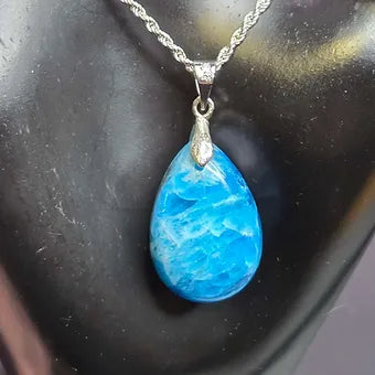 Blue Apatite Teardrop Crystal Pendant | 925 Sterling Silver Chain | 18" or 20" | Genuine Stone