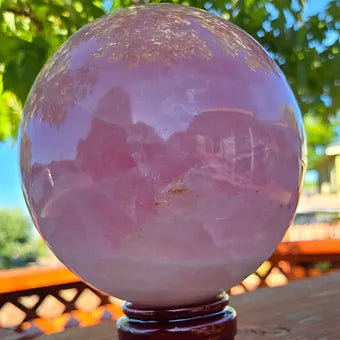Large Rose Quartz Sphere | 139mm 9lb One-of-a-Kind Crystal | Wooden Stand Included