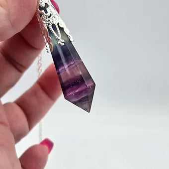 Rainbow Fluorite Pendulum | 3" Polyhedral Crystal Point | Dowsing Tool & Pendant | 12" Chain