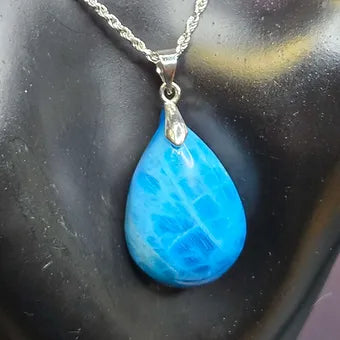 Blue Apatite Teardrop Crystal Pendant | 925 Sterling Silver Chain | 18" or 20" | Genuine Stone