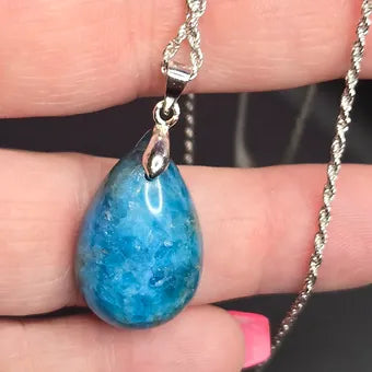 Blue Apatite Teardrop Crystal Pendant | 925 Sterling Silver Chain | 18" or 20" | Genuine Stone