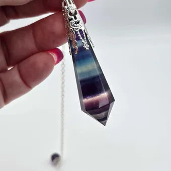 Rainbow Fluorite Pendulum | 3" Polyhedral Crystal Point | Dowsing Tool & Pendant | 12" Chain