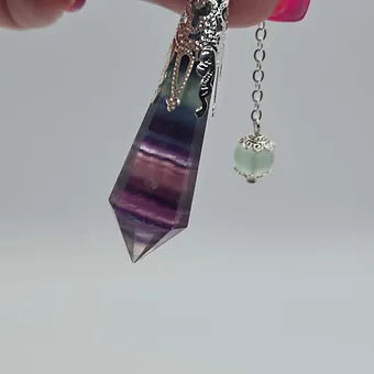 Rainbow Fluorite Pendulum | 3" Polyhedral Crystal Point | Dowsing Tool & Pendant | 12" Chain