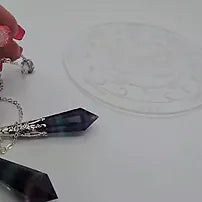 Rainbow Fluorite Pendulum | 3" Polyhedral Crystal Point | Dowsing Tool & Pendant | 12" Chain