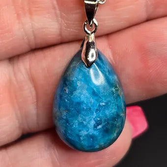 Blue Apatite Teardrop Crystal Pendant | 925 Sterling Silver Chain | 18" or 20" | Genuine Stone