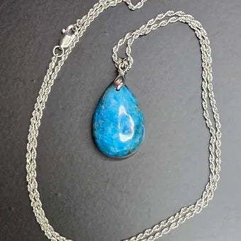 Blue Apatite Teardrop Crystal Pendant | 925 Sterling Silver Chain | 18" or 20" | Genuine Stone