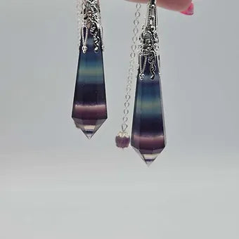 Rainbow Fluorite Pendulum | 3" Polyhedral Crystal Point | Dowsing Tool & Pendant | 12" Chain