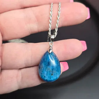 Blue Apatite Teardrop Crystal Pendant | 925 Sterling Silver Chain | 18" or 20" | Genuine Stone