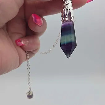 Rainbow Fluorite Pendulum | 3" Polyhedral Crystal Point | Dowsing Tool & Pendant | 12" Chain