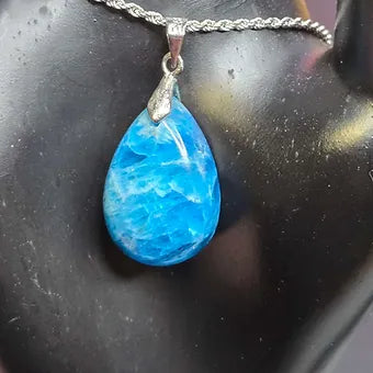 Blue Apatite Teardrop Crystal Pendant | 925 Sterling Silver Chain | 18" or 20" | Genuine Stone