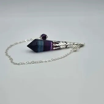 Rainbow Fluorite Pendulum | 3" Polyhedral Crystal Point | Dowsing Tool & Pendant | 12" Chain