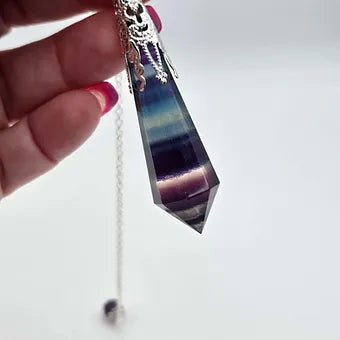Rainbow Fluorite Pendulum | 3" Polyhedral Crystal Point | Dowsing Tool & Pendant | 12" Chain