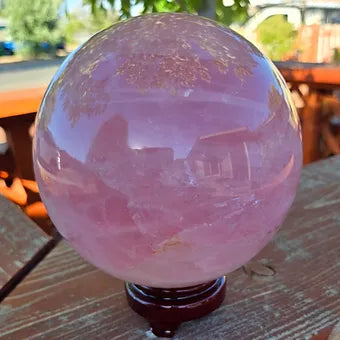 Large Rose Quartz Sphere | 139mm 9lb One-of-a-Kind Crystal | Wooden Stand Included