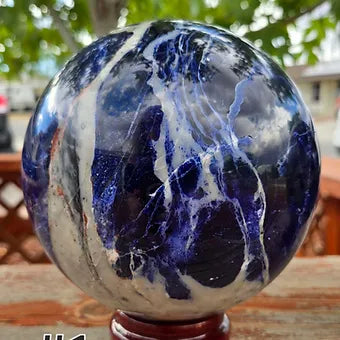 Large Natural Sodalite Sphere | 132mm 7lb One-of-a-Kind Crystal | Wooden Stand Included