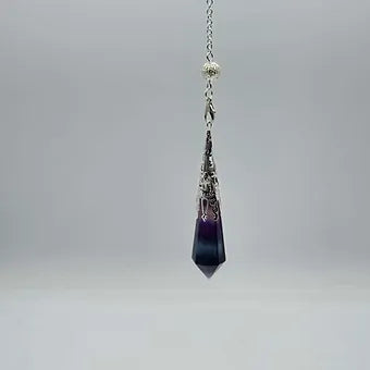 Rainbow Fluorite Pendulum | 3" Polyhedral Crystal Point | Dowsing Tool & Pendant | 12" Chain