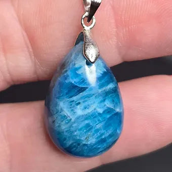 Blue Apatite Teardrop Crystal Pendant | 925 Sterling Silver Chain | 18" or 20" | Genuine Stone