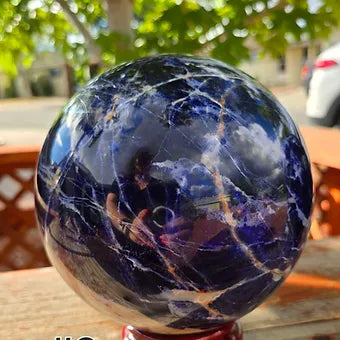 Large Natural Sodalite Sphere | 132mm 7lb One-of-a-Kind Crystal | Wooden Stand Included