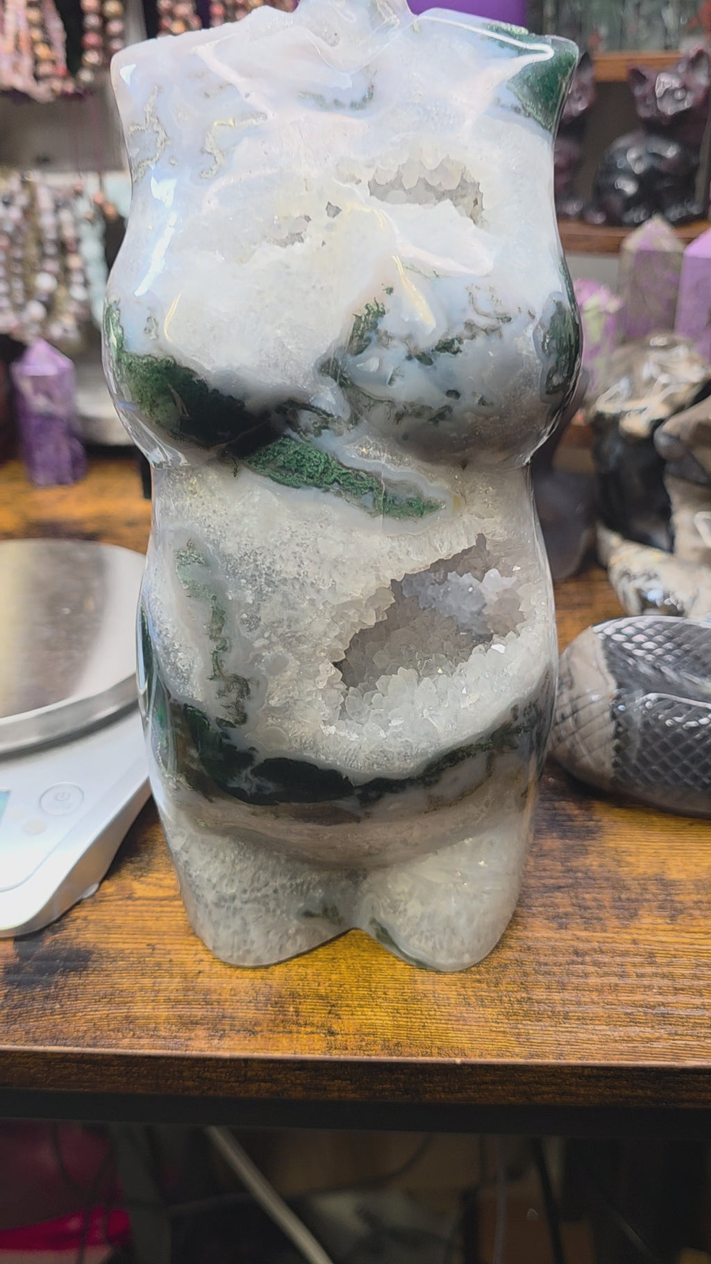 Large Moss Agate Druzy Goddess Torso Carving – 7.5 lbs Statement Crystal