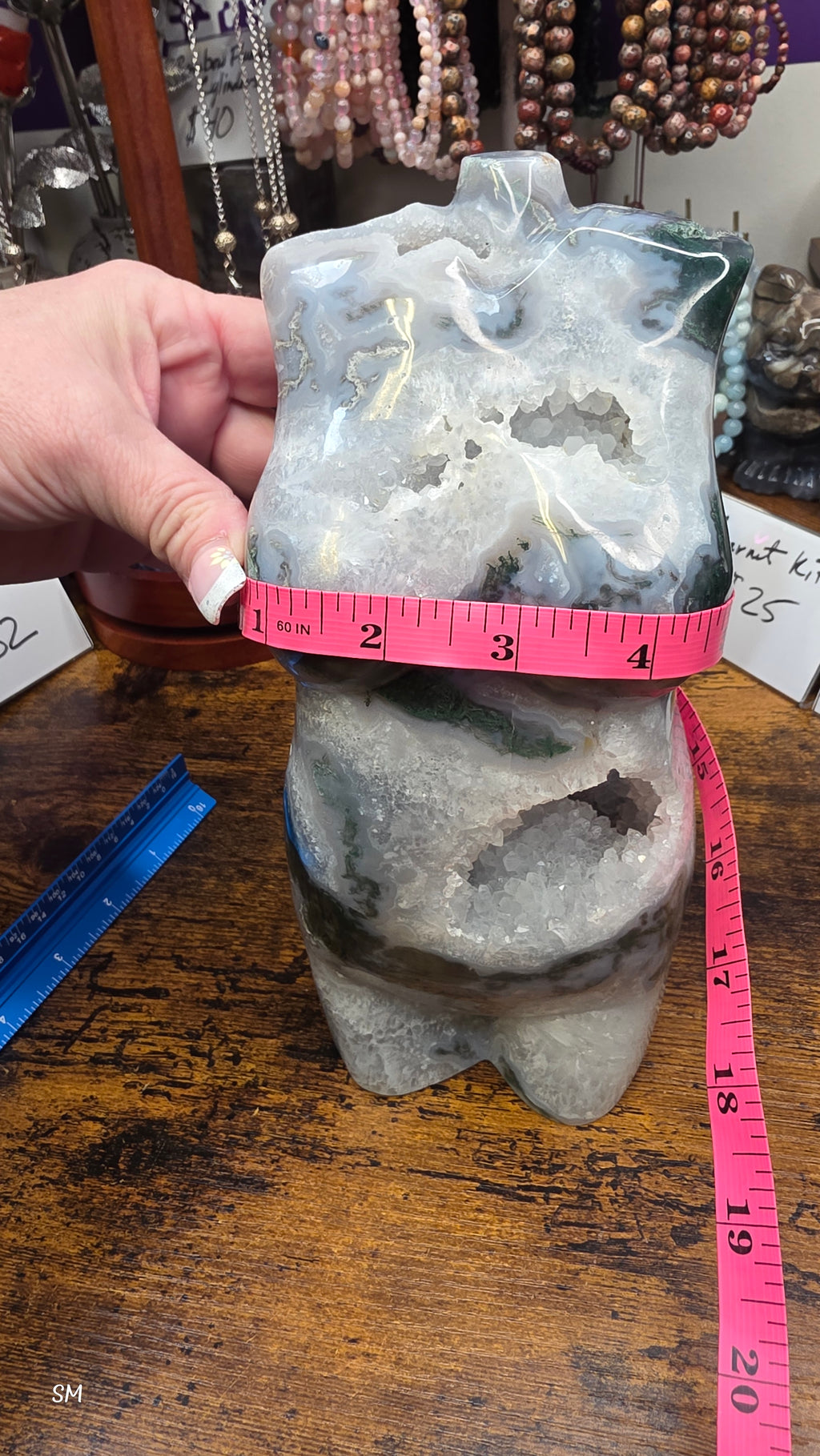 Large Moss Agate Druzy Goddess Torso Carving – 7.5 lbs Statement Crystal