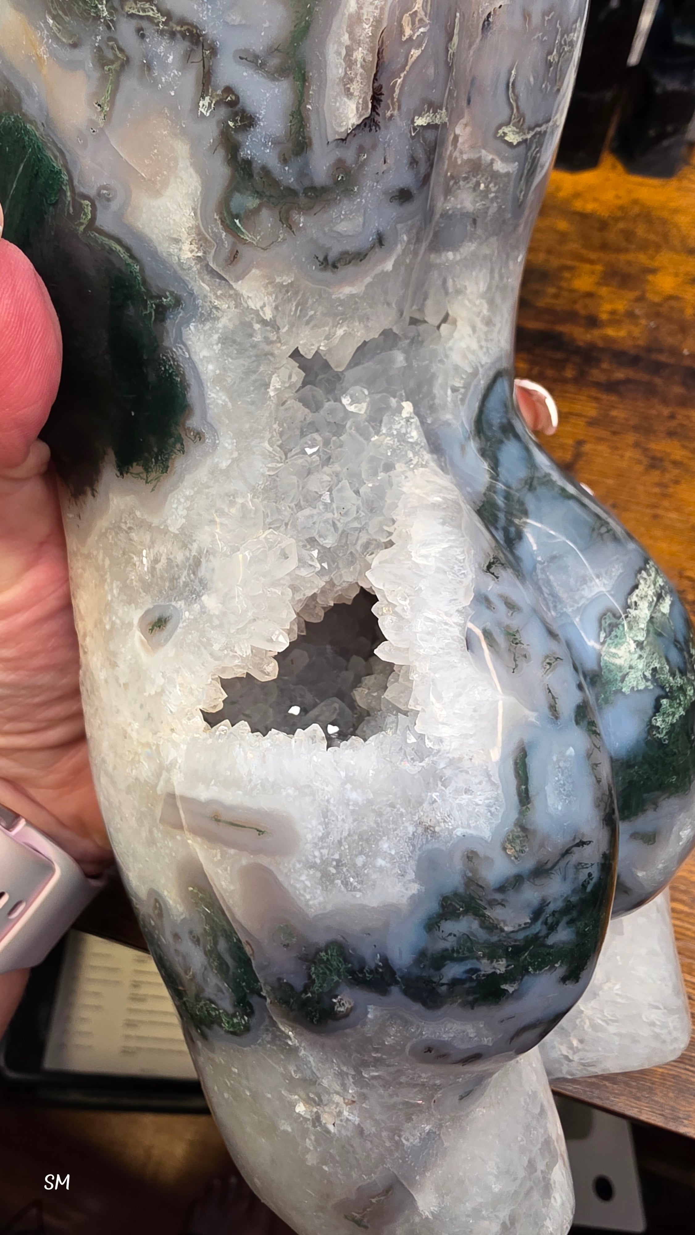 Large Moss Agate Druzy Goddess Torso Carving – 7.5 lbs Statement Crystal