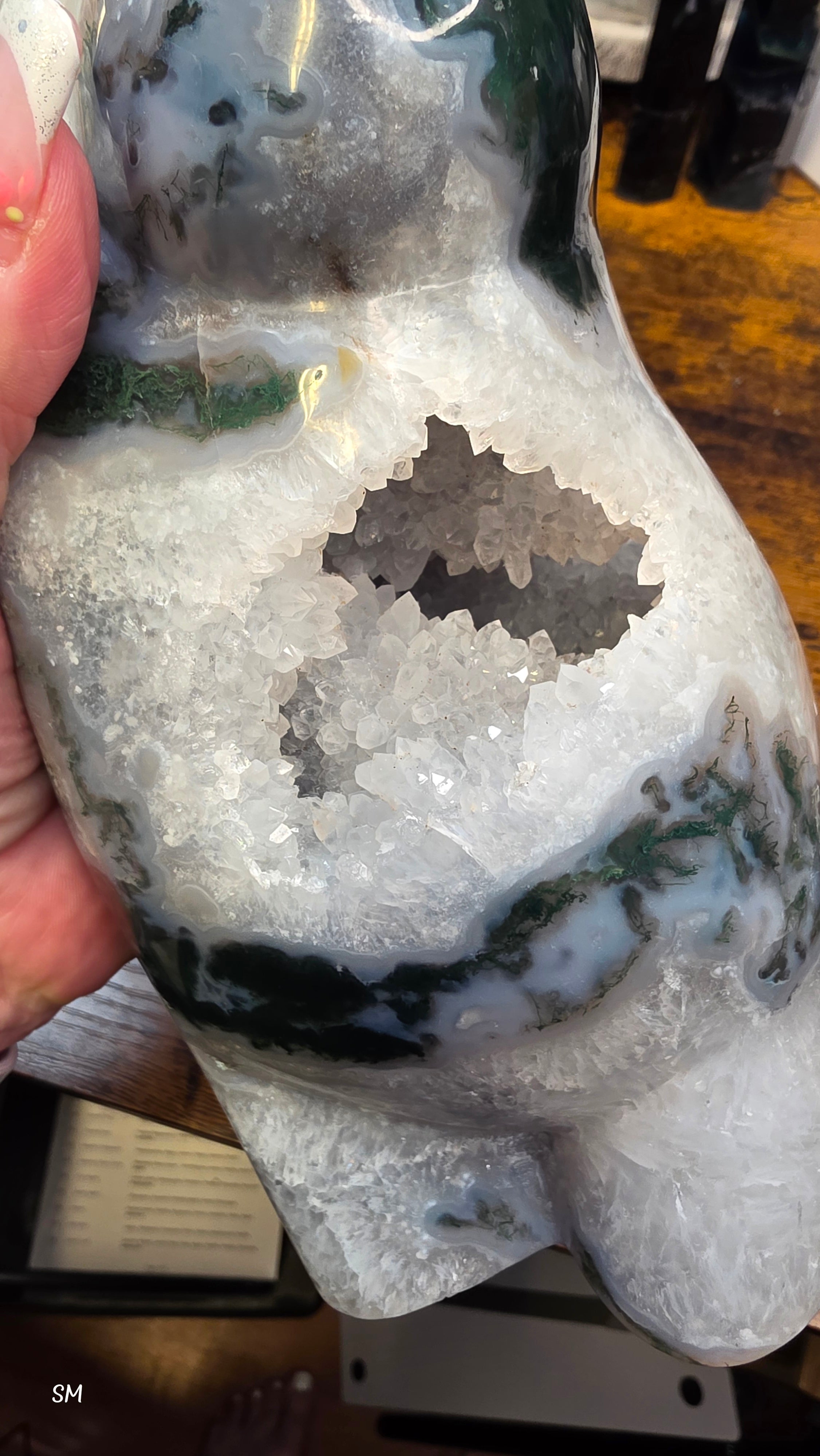 Large Moss Agate Druzy Goddess Torso Carving – 7.5 lbs Statement Crystal