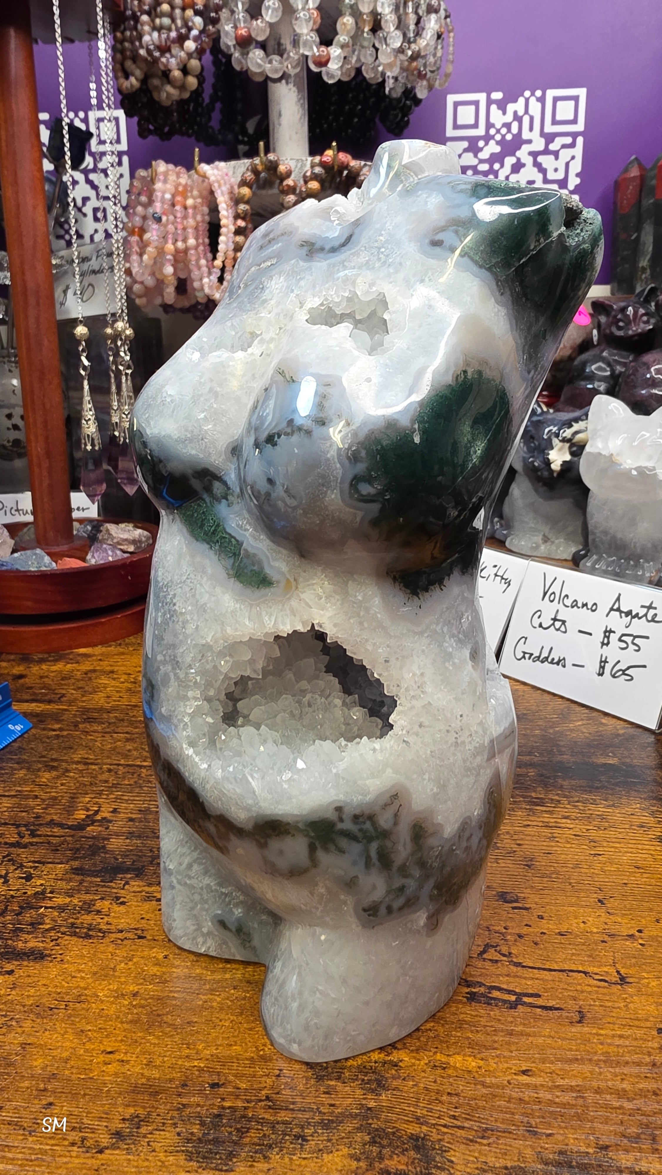 Large Moss Agate Druzy Goddess Torso Carving – 7.5 lbs Statement Crystal
