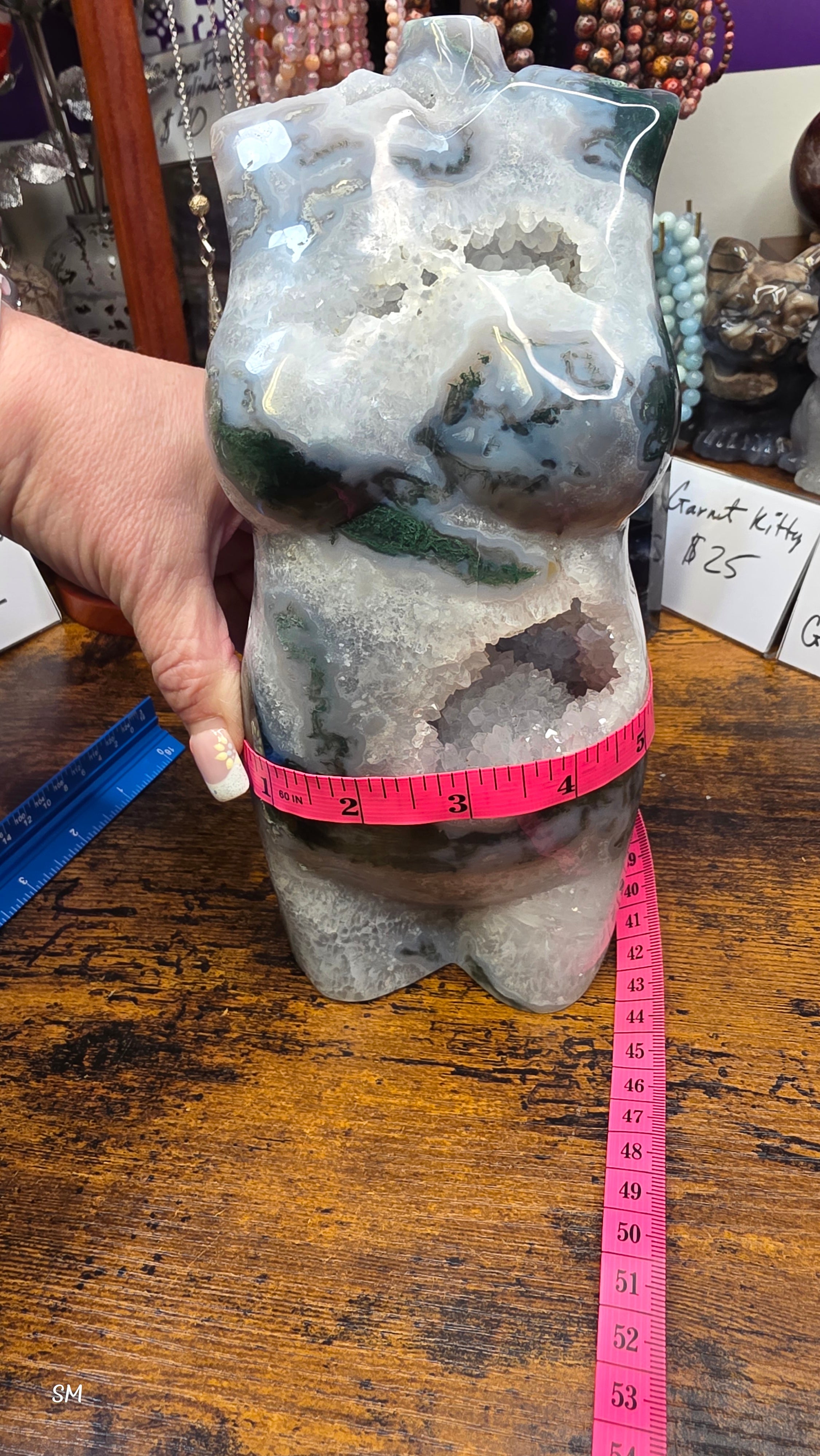 Large Moss Agate Druzy Goddess Torso Carving – 7.5 lbs Statement Crystal