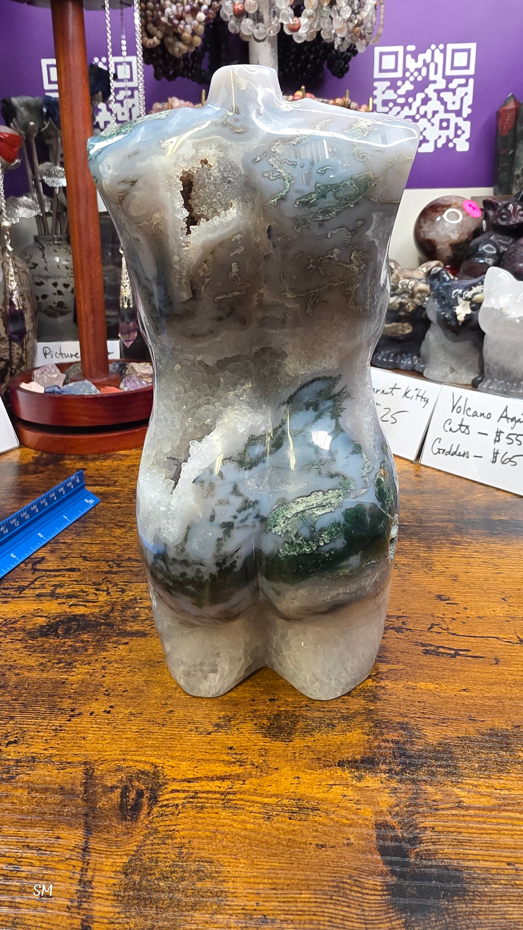 Large Moss Agate Druzy Goddess Torso Carving – 7.5 lbs Statement Crystal