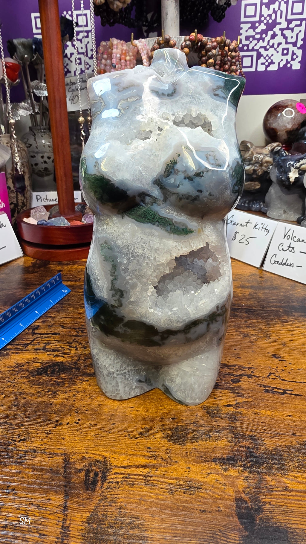 Large Moss Agate Druzy Goddess Torso Carving – 7.5 lbs Statement Crystal