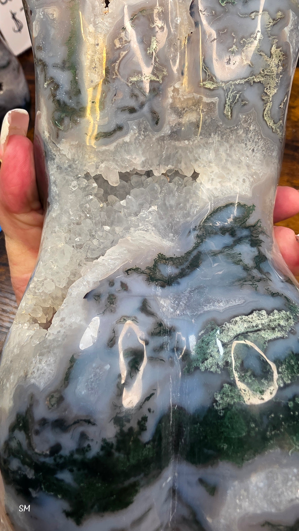 Large Moss Agate Druzy Goddess Torso Carving – 7.5 lbs Statement Crystal