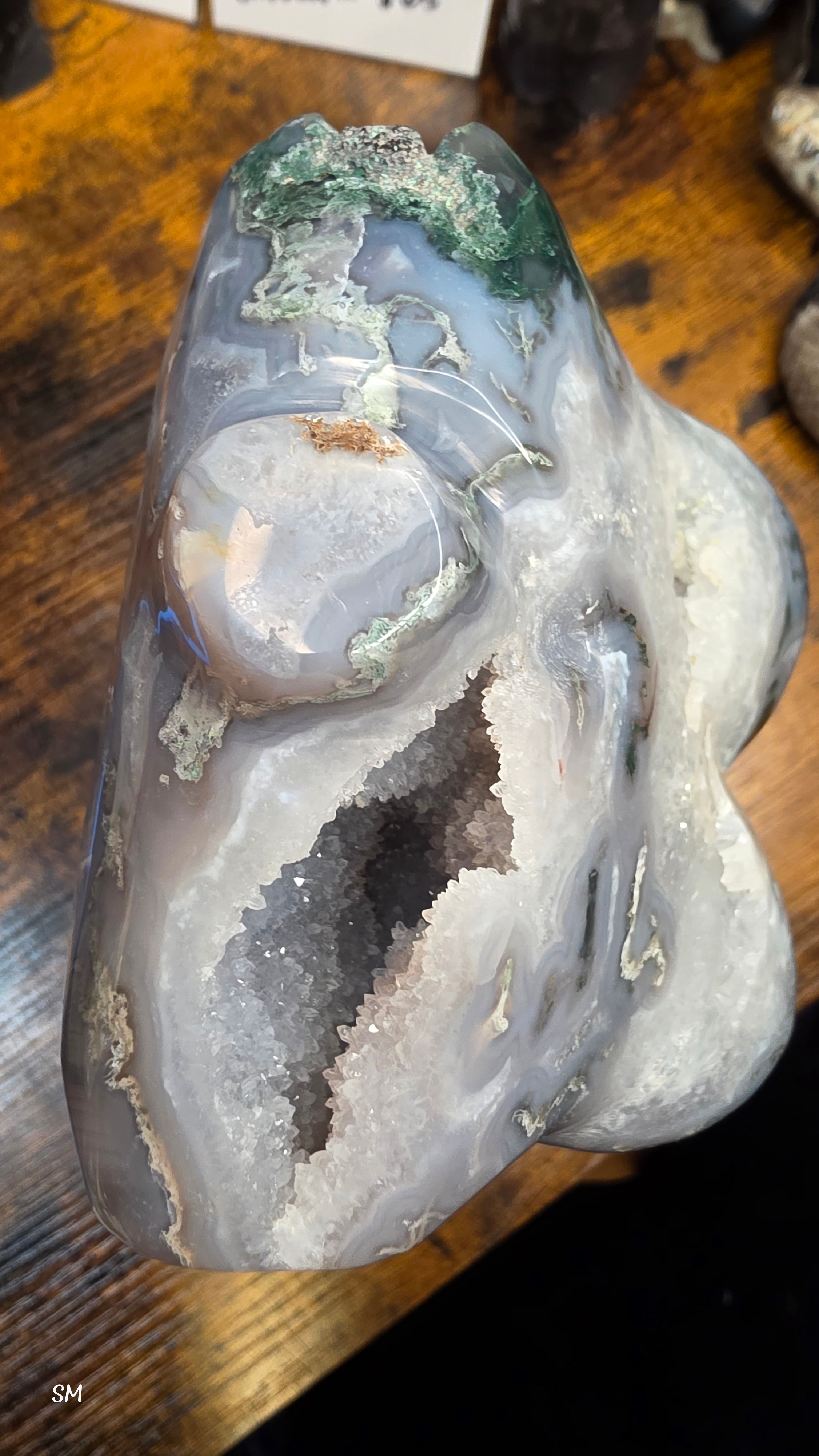 Large Moss Agate Druzy Goddess Torso Carving – 7.5 lbs Statement Crystal