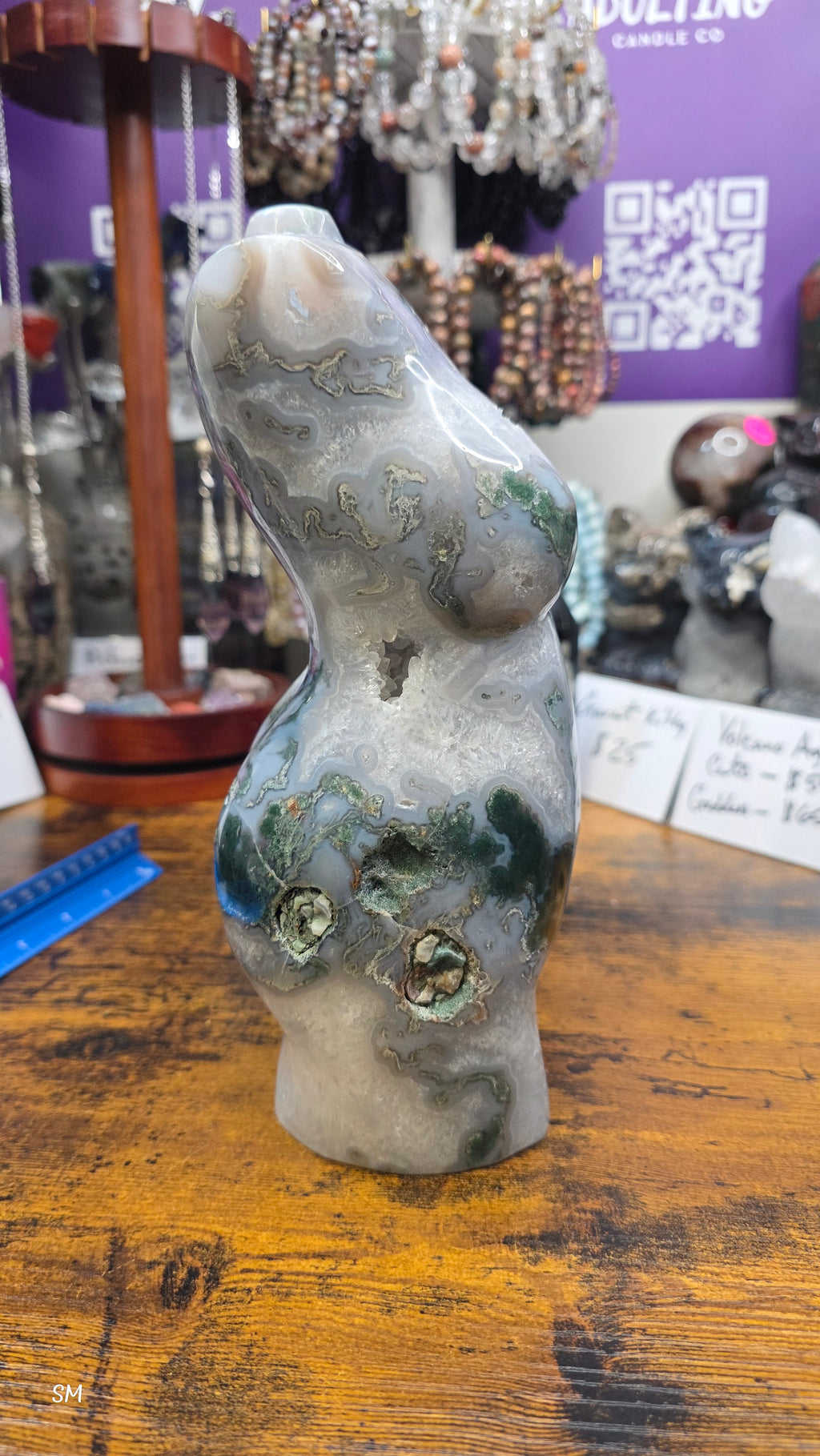 Large Moss Agate Druzy Goddess Torso Carving – 7.5 lbs Statement Crystal
