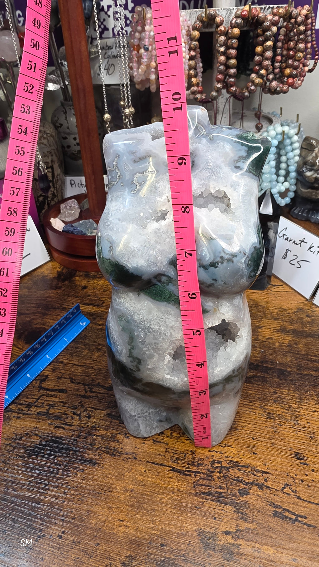 Large Moss Agate Druzy Goddess Torso Carving – 7.5 lbs Statement Crystal
