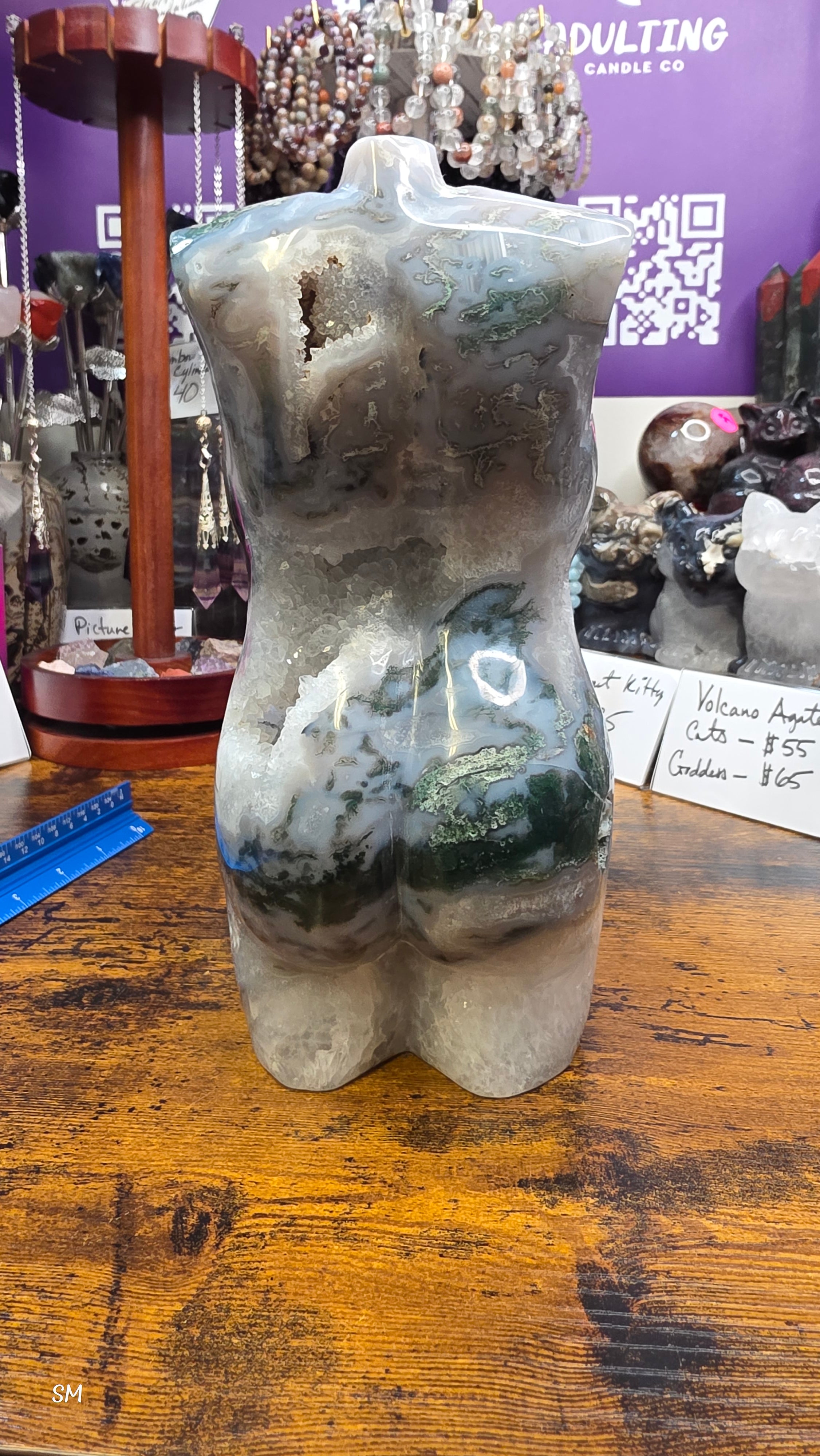 Large Moss Agate Druzy Goddess Torso Carving – 7.5 lbs Statement Crystal